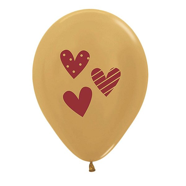 Balão Latex Impressão 2 Lados Metal Romantico Coracoes 12" / 30cm - 50 Un