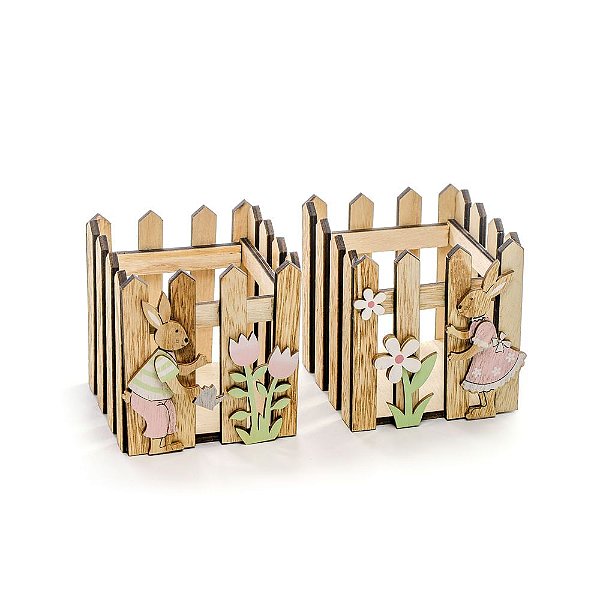 Cachepot Quadrado com Coelhos Madeira 10x10x10 - 2 Un