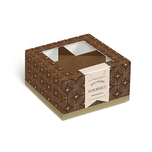 Caixa Para 4 Brigadeiros Gourmet Marrom e Ouro 8,5x8,5x4,5cm - 10 Un