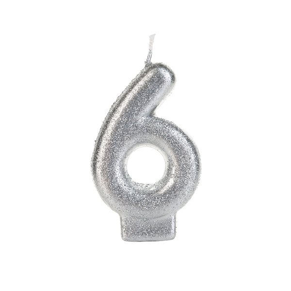 Vela Prateada Glitter Número 6