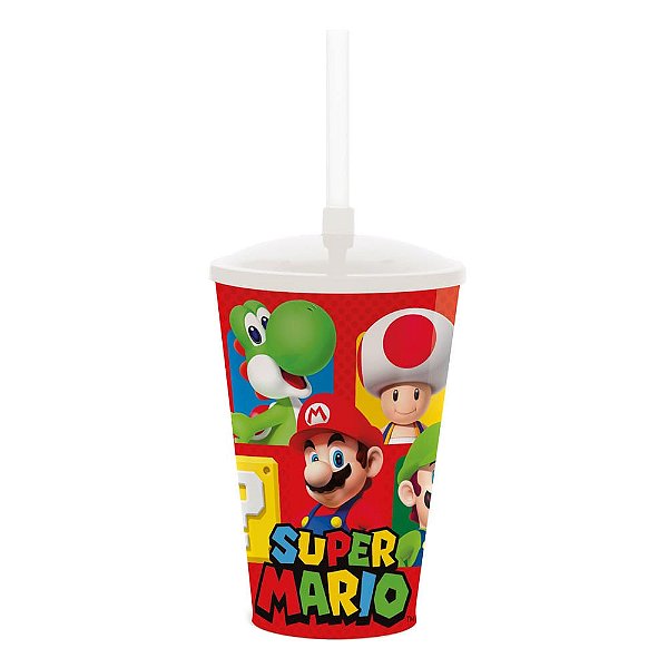 Copo Plástico com Tampa e Canudo Super Mario 500ml - 1 Un
