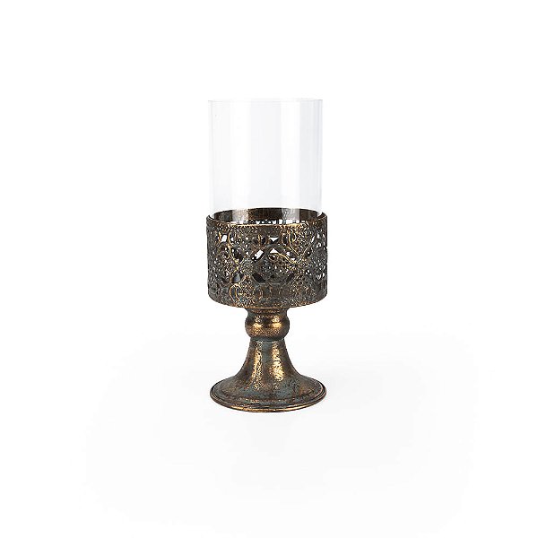Castiçal Metal com Vidro Gold 11x11x26