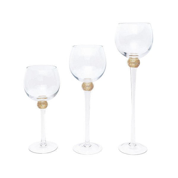 Castiçal Vidro com Strass Incolor Ouro - 3 Un