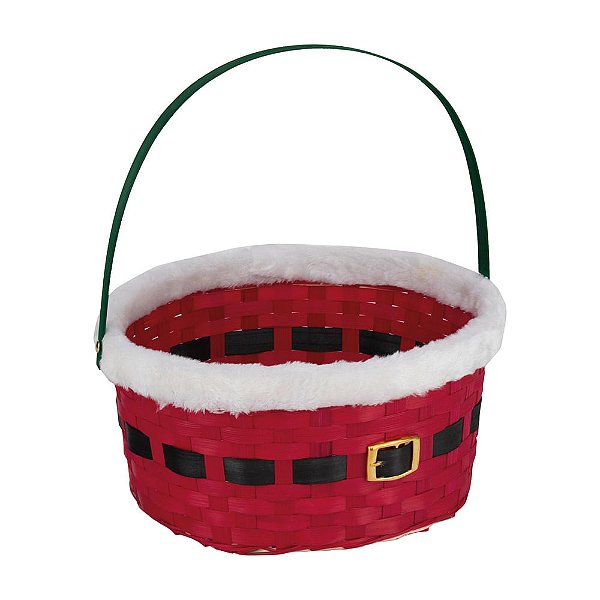 Cesta Redonda Bambu com Alça Cinto Noel Vermelho e Branco