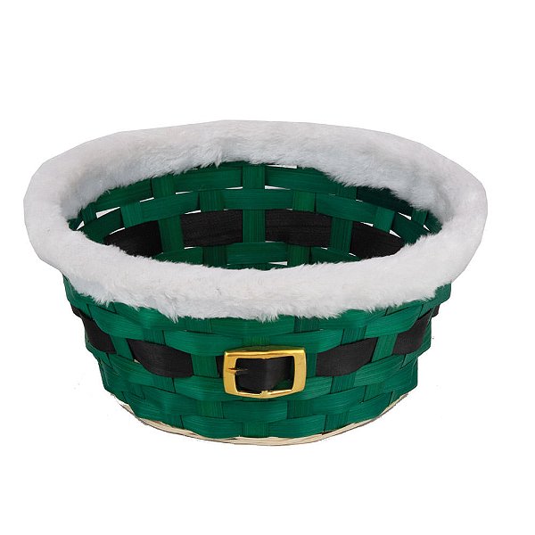 Cesta Redonda Bambu com Cinto Noel Verde e Branco