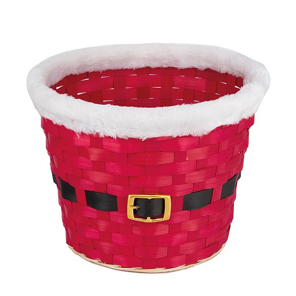 Cesta Redonda Bambu com Cinto Noel Vermelho e Branco
