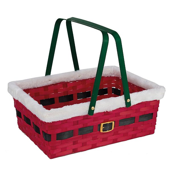 Cesta Retangular  Bambu com 2 Alças Cinto Noel Vermelho e Branco
