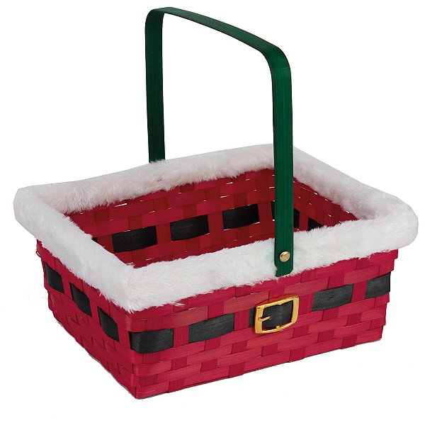 Cesta Retangular  Bambu com Alça Cinto Noel Vermelho e Branco