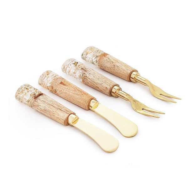 Kit Talheres para Petisco Dourado e Madeira - 4 Un