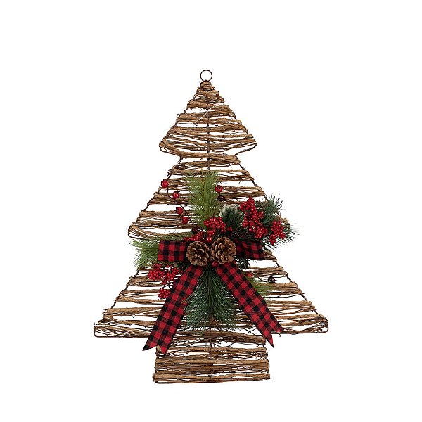 Pinheiro Iluminado em Rattan com Laço Xadrez