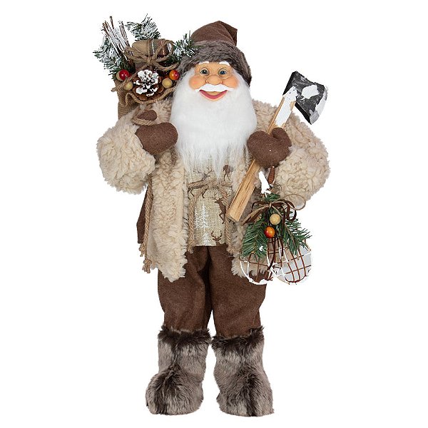 Papai Noel Segurando Saco de Presentes Marrom e Branco 60cm