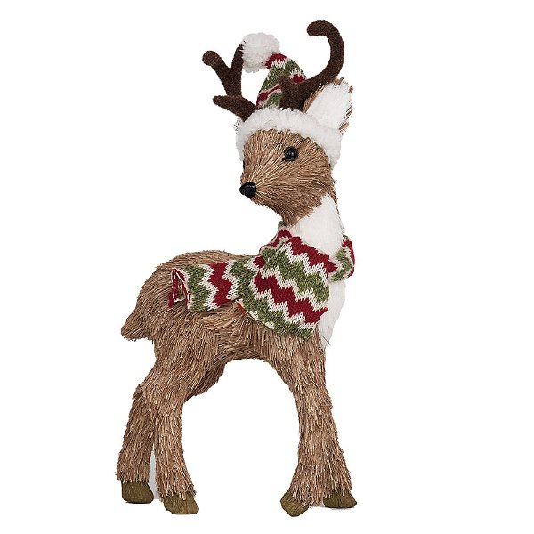 Rena de Lado com Cachecol e Gorro Marrom e Vermelho e Verde