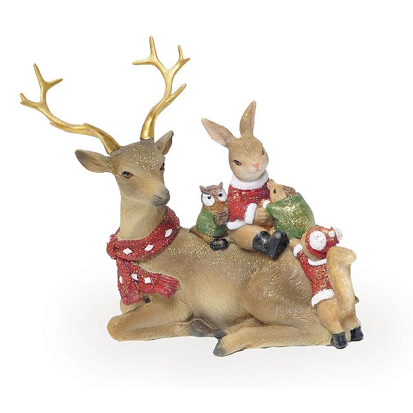 Rena Deitada com Coelhos com Roupa de Natal