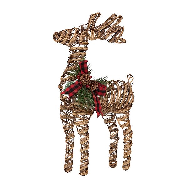 Rena Iluminada em Rattan com Laço Xadrez