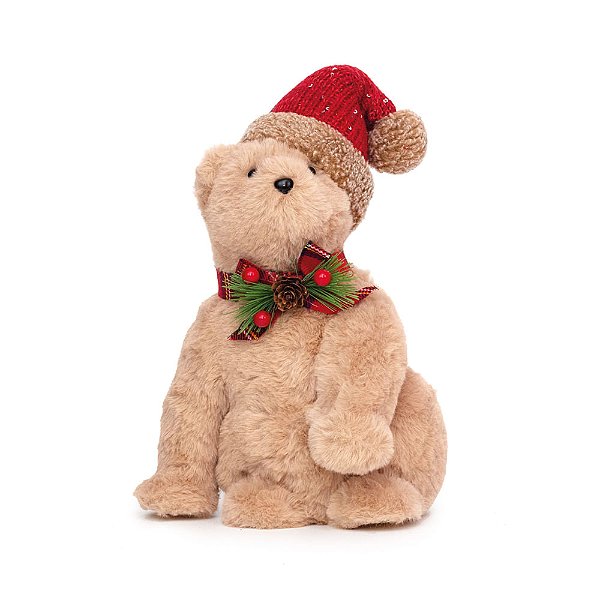 Urso com Gorro e Laço No Pescoço Marrom e Vermelho