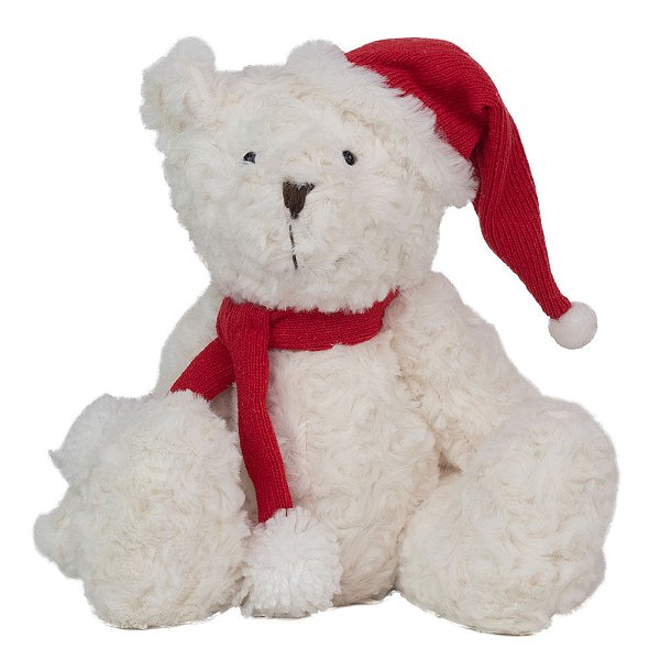 Urso Pelucia com Gorro e Cachecol Branco e Vermelho 33cm