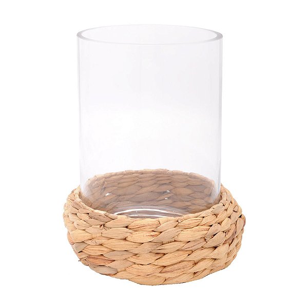 Vaso de Vidro Base de Palha Incolor e Amarelo G