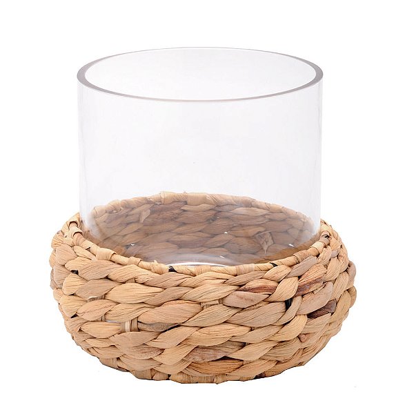 Vaso de Vidro Base de Palha Incolor e Bege P