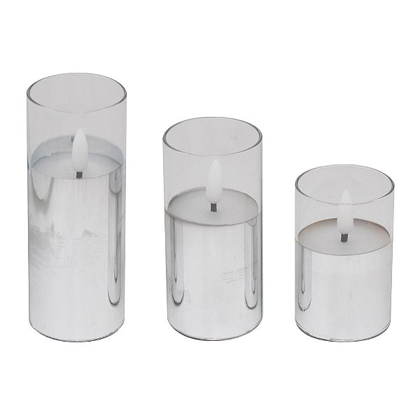 Vela Redonda em Vidro com Led Prata 7,5cm