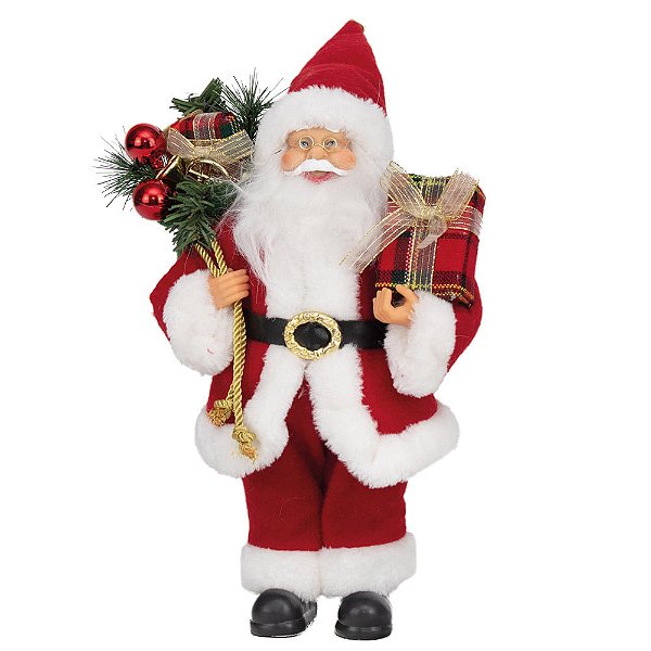 Papai Noel Decorativo Segurando Caixa De Presente Xadrez 30cm