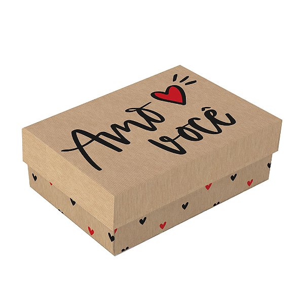 Caixa Retangular com Tampa Petit Amo Você Preto e Pardo e Vermelho M 19,5x14,5x6,5cm