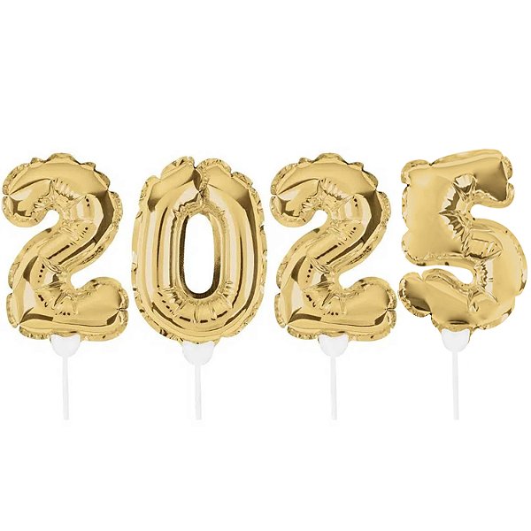 Kit Mini Balão Metalizado 2025 Auto Inflável com Vareta Ouro