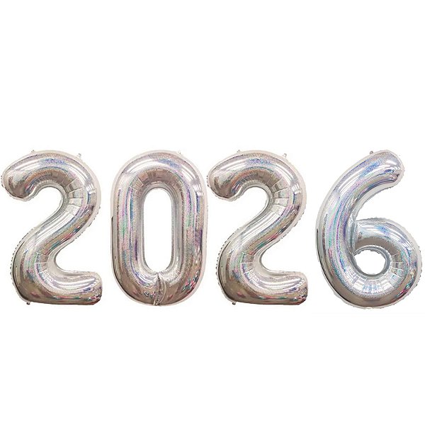 Kit Balão Metalizado 2026 Holográfico Glitter Prata 40" 101cm