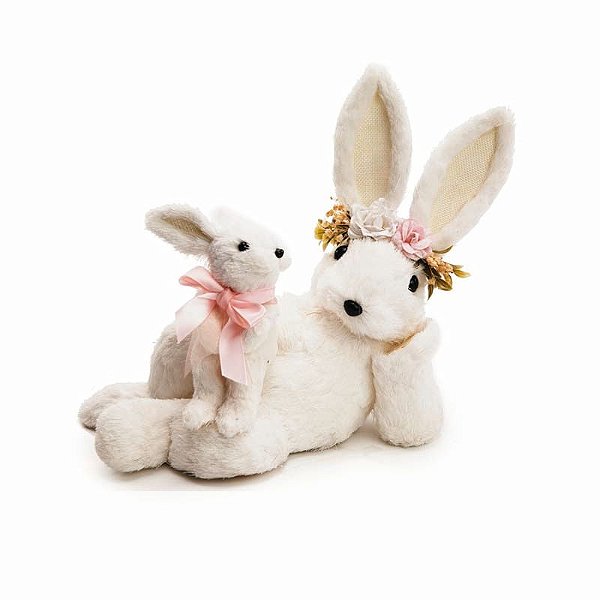 Coelha Deitada com Filhote Branco e Rosa 25x30x16cm - 1 Un
