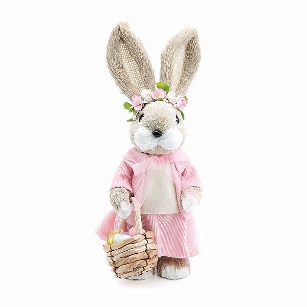 Coelhas com Vestido Segurando Cesta com Ovos Bege e Rosa 30x10x11 - 2 Un