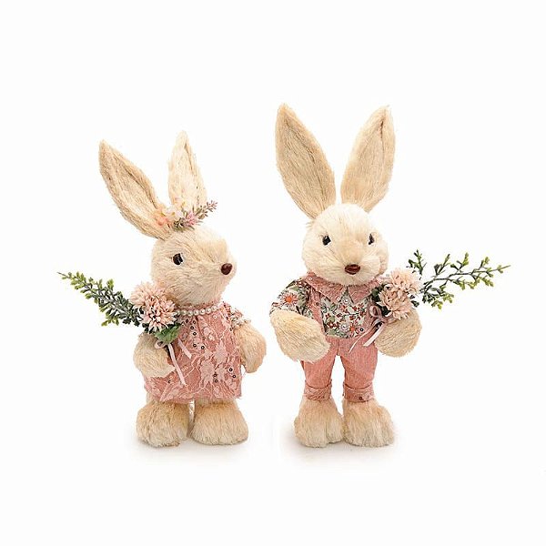 Casal de Coelhos Decorativo Branco e Rosa P 30x20x14 - 2 Un