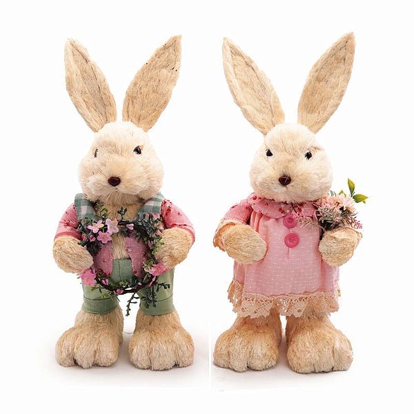 Casal de Coelhos Decorativo Branco e Verde e Rosa G 40x17x16 - 2 Un