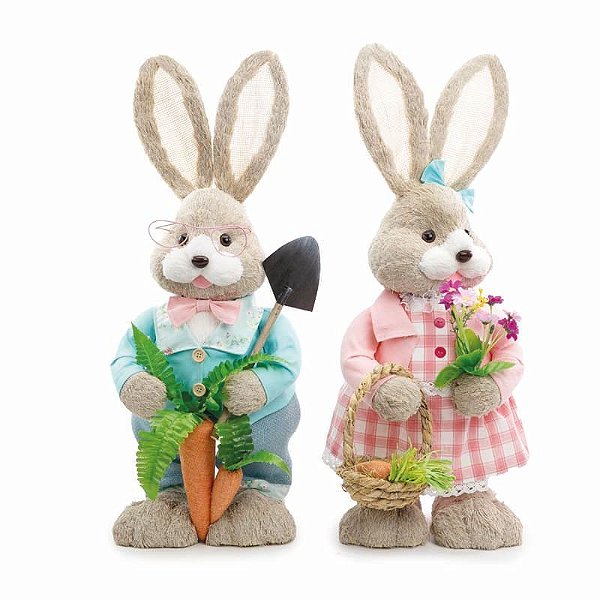 Casal de Coelhos Decorativo Cinza e Rosa e Verde 65x28x23 - 2 Un