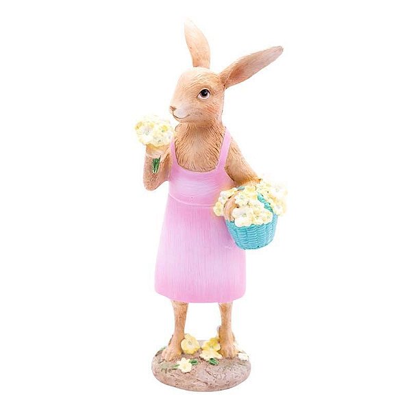 Coelho Decorativo Resina Cesta e Buquê 16x11x9cm - 1 Un