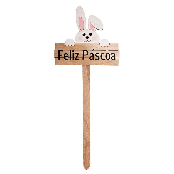 Placa Espeto em Madeira Coelho Feliz Páscoa 57X22X1cm - 1 Un
