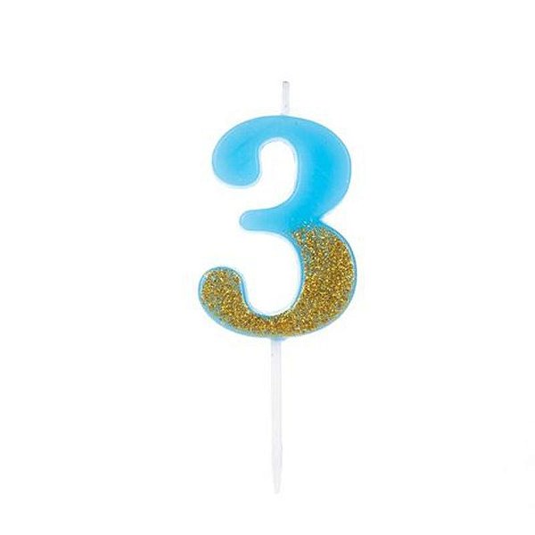 Vela Azul Candy com Dourado Número 3 - VMA03