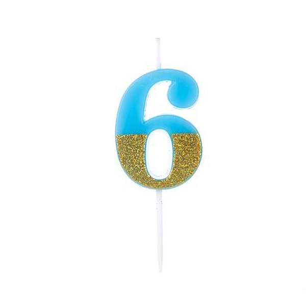 Vela Azul Candy com Dourado Número 6 - VMA06