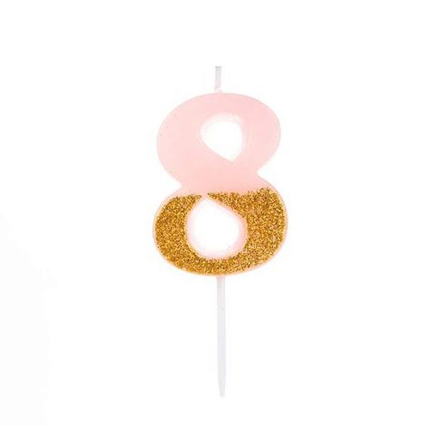 Vela Rosa Candy com Dourado Número 8 - VMR08