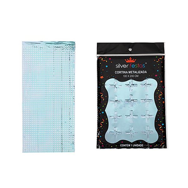 Cortina Quadriculada Metalizada Azul Bebe
