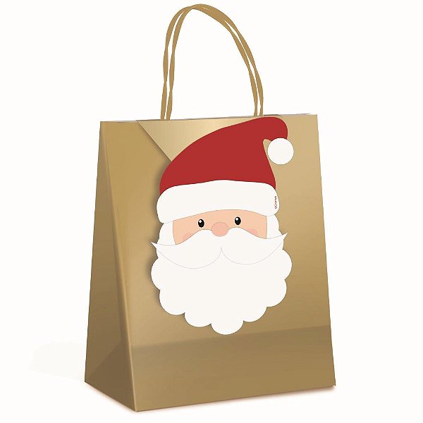 Sacola Laminada Ouro com Fecha Papai Noel P 21,5X15X8