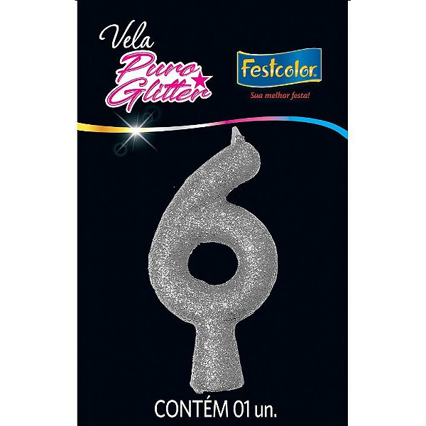 Vela Puro Glitter Prata Nº 6 - Festcolor - 1Un