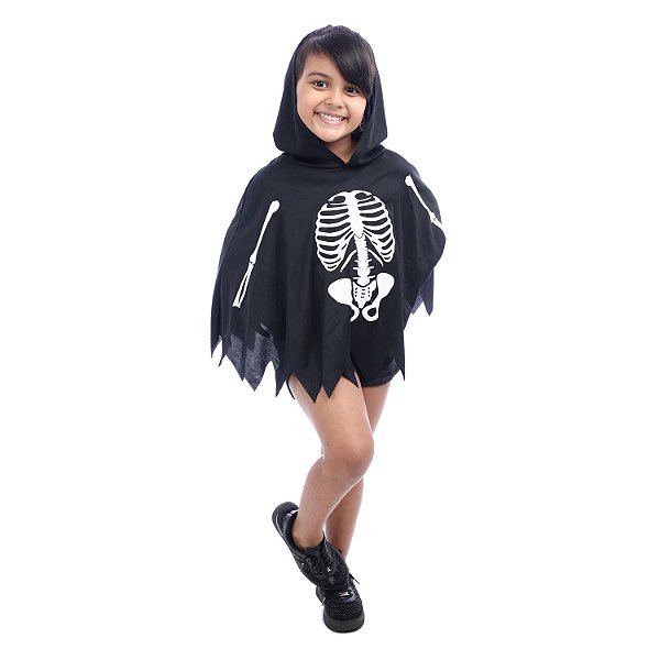 Fantasia Halloween Infantil - Poncho Esqueleto 3 a 6 Anos - 1 Un