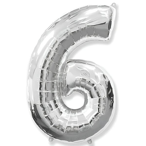Balão Met. Canudo 16" Prateado Número 6 - Silver Plastic - 1 Un