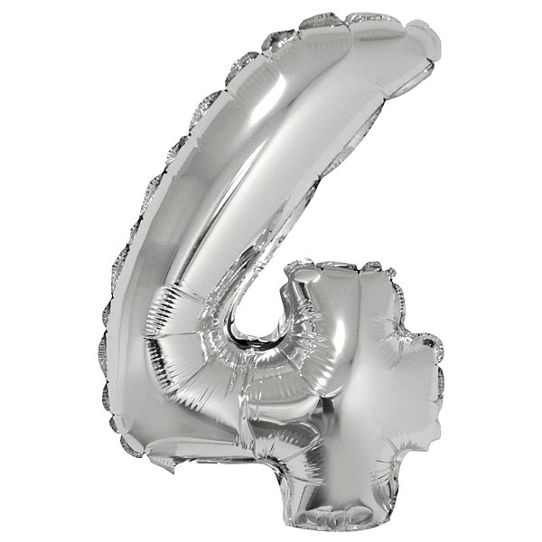 Balão Met. c/ Canudo 16" Prateado Número 4 - Silver Plastic - 1 un