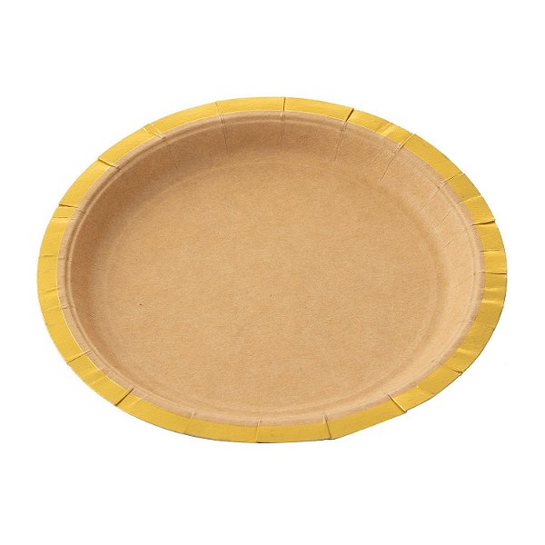 Prato de Papel Kraft 18cm Borda Dourada - 10 Un