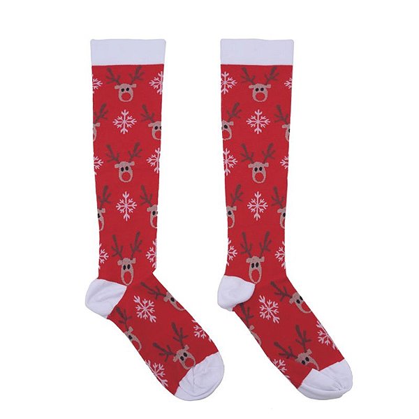 Meia Cano Longo Adulto Rena Vermelho Branco Marrom 50cm - 1 Un