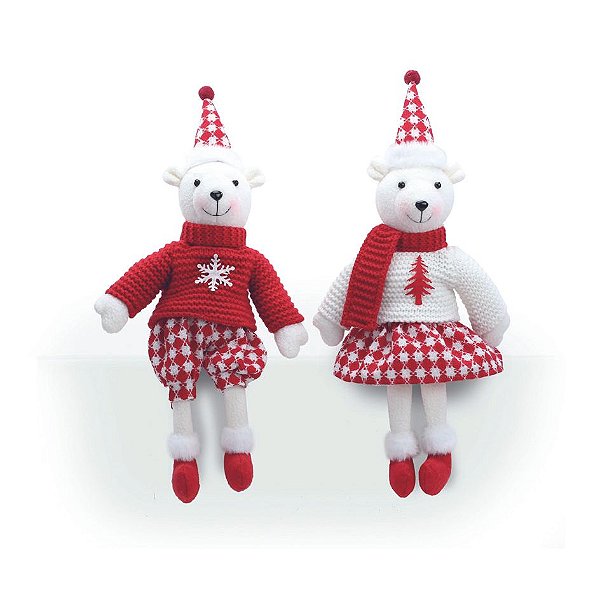Ursos Decorativos Sentado Sortido Vermelho Branco 50cm - 1 Un