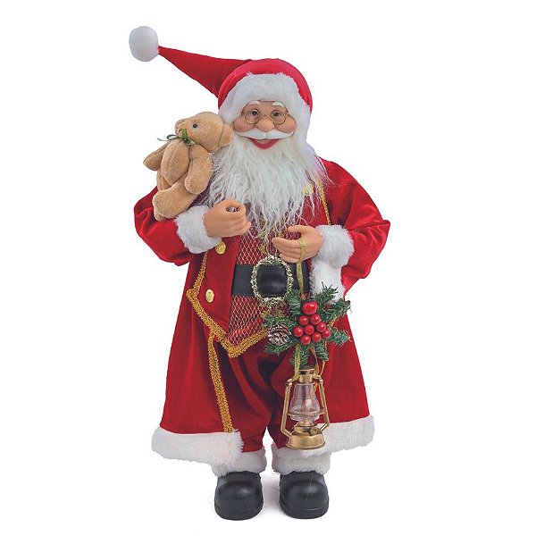 Papai Noel Segurando Urso Vermelho Branco Ouro 67cm - 1 Un