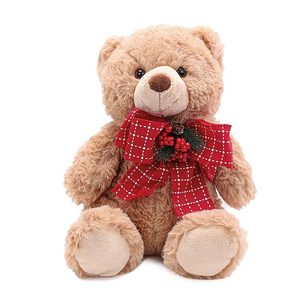 Urso Pelúcia com Laço Bege Vermelho 34cm - 1 Un