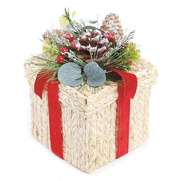 Cesta Decorativo com Folhas Marrom Vermelho Verde 13cm - 1 Un
