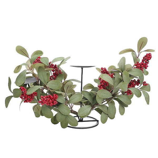 Porta Vela Triplo Folhas Frutas Verde Vermelho 65cm - 1 Un